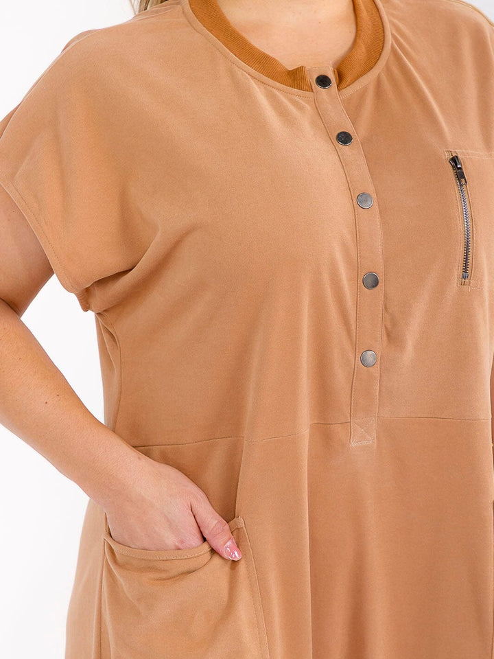 PLUS SIZE SHORT SLEEVE BUTTON UP FRONT POCKETS JOGGER LEG JUMPSUIT