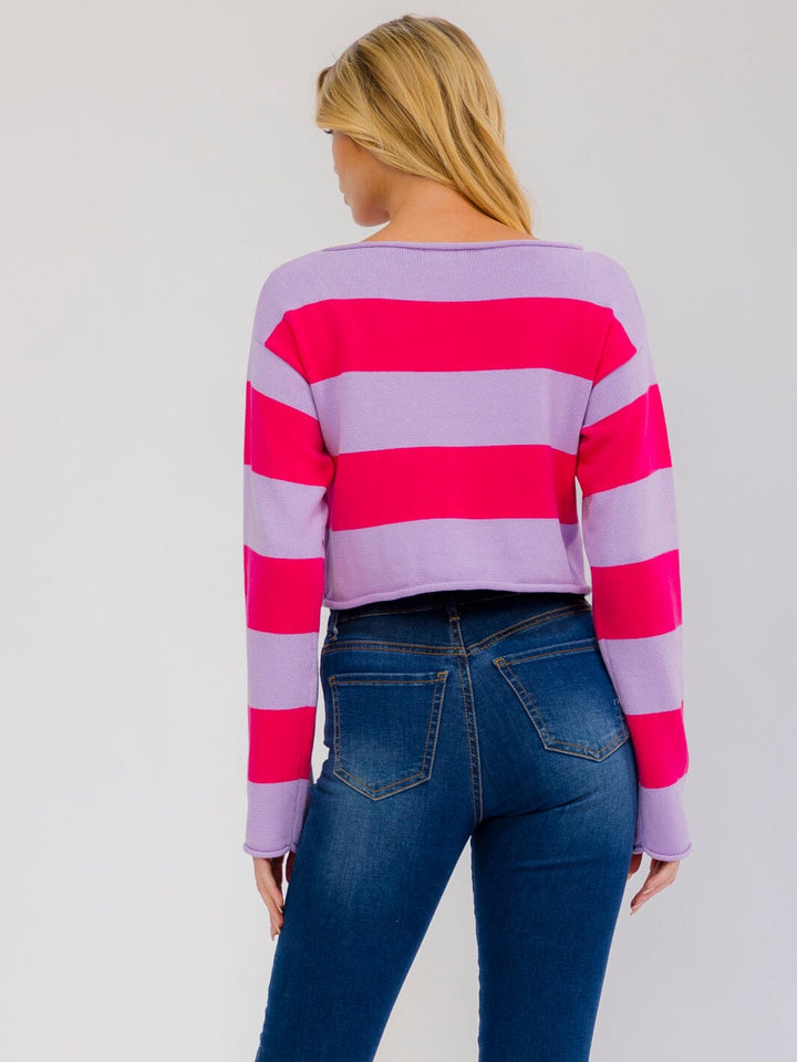 WOMEN'S LONG SLEEVE COLORBLOCK STRIPES KNIT PULLOVER TOP