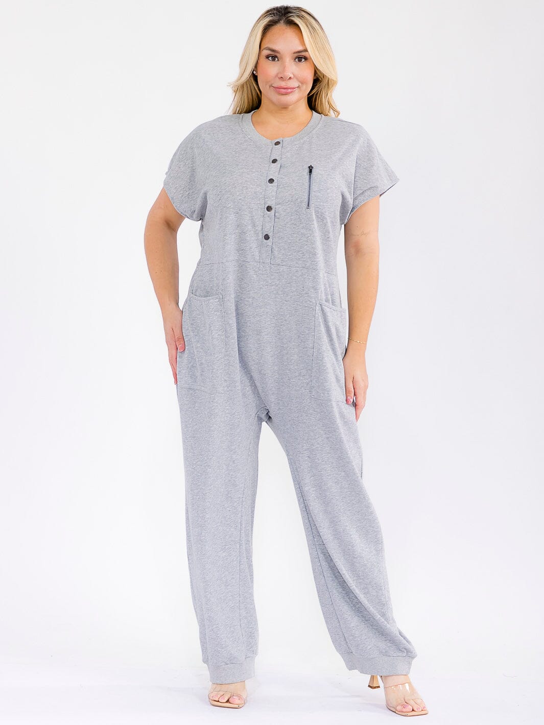 PLUS SIZE SHORT SLEEVE BUTTON UP FRONT POCKETS JOGGER LEG JUMPSUIT