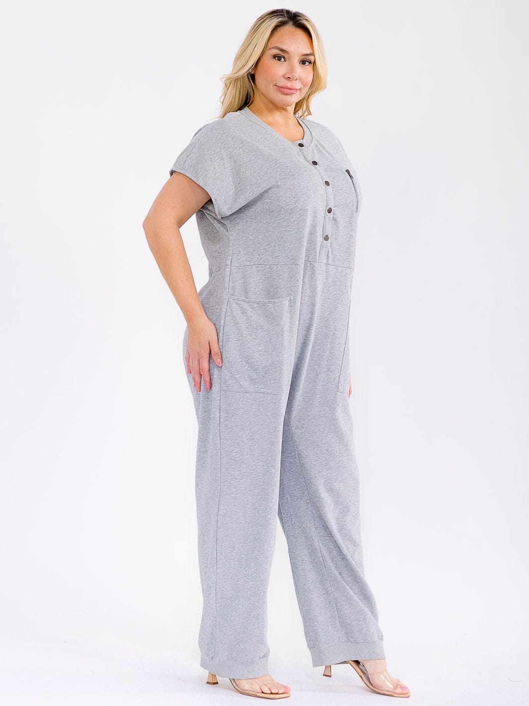 PLUS SIZE SHORT SLEEVE BUTTON UP FRONT POCKETS JOGGER LEG JUMPSUIT