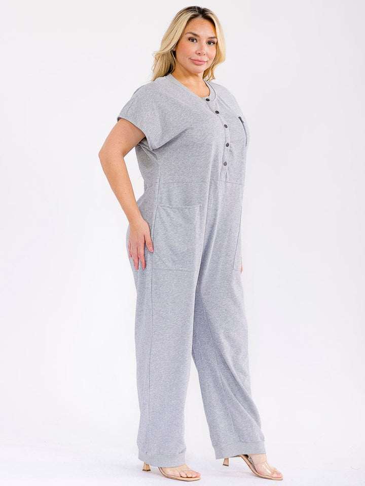 PLUS SIZE SHORT SLEEVE BUTTON UP FRONT POCKETS JOGGER LEG JUMPSUIT