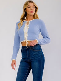 WOMEN'S LONG SLEEVE FRONT TIE RIBBED KNIT TOP