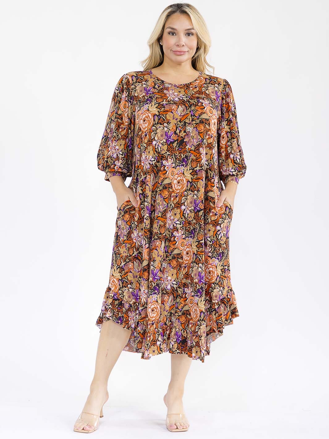 PLUS SIZE 3/4 SLEEVE FRONT POCKETS LOOSE FIT FLORAL MAXI DRESS