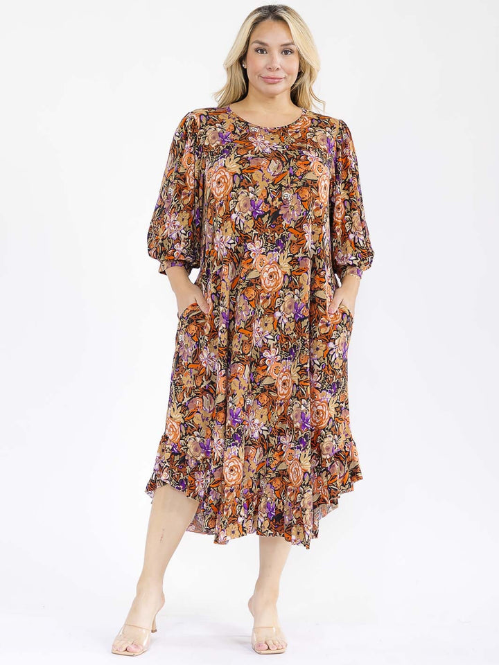 PLUS SIZE 3/4 SLEEVE FRONT POCKETS LOOSE FIT FLORAL MAXI DRESS