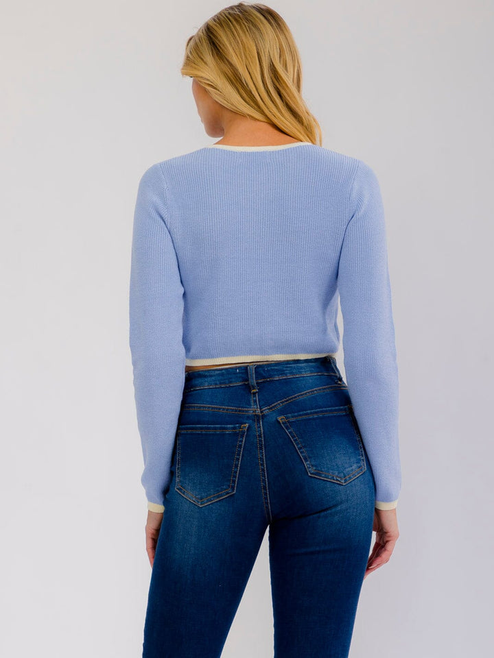 WOMEN'S LONG SLEEVE FRONT TIE RIBBED KNIT TOP