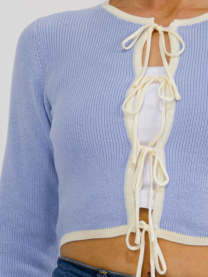 WOMEN'S LONG SLEEVE FRONT TIE RIBBED KNIT TOP