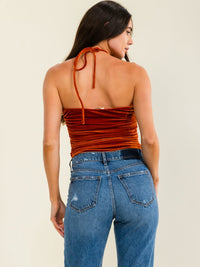 ENTRO WOMEN'S SLEEVELESS HALTER NECK VELVET BODYSUIT