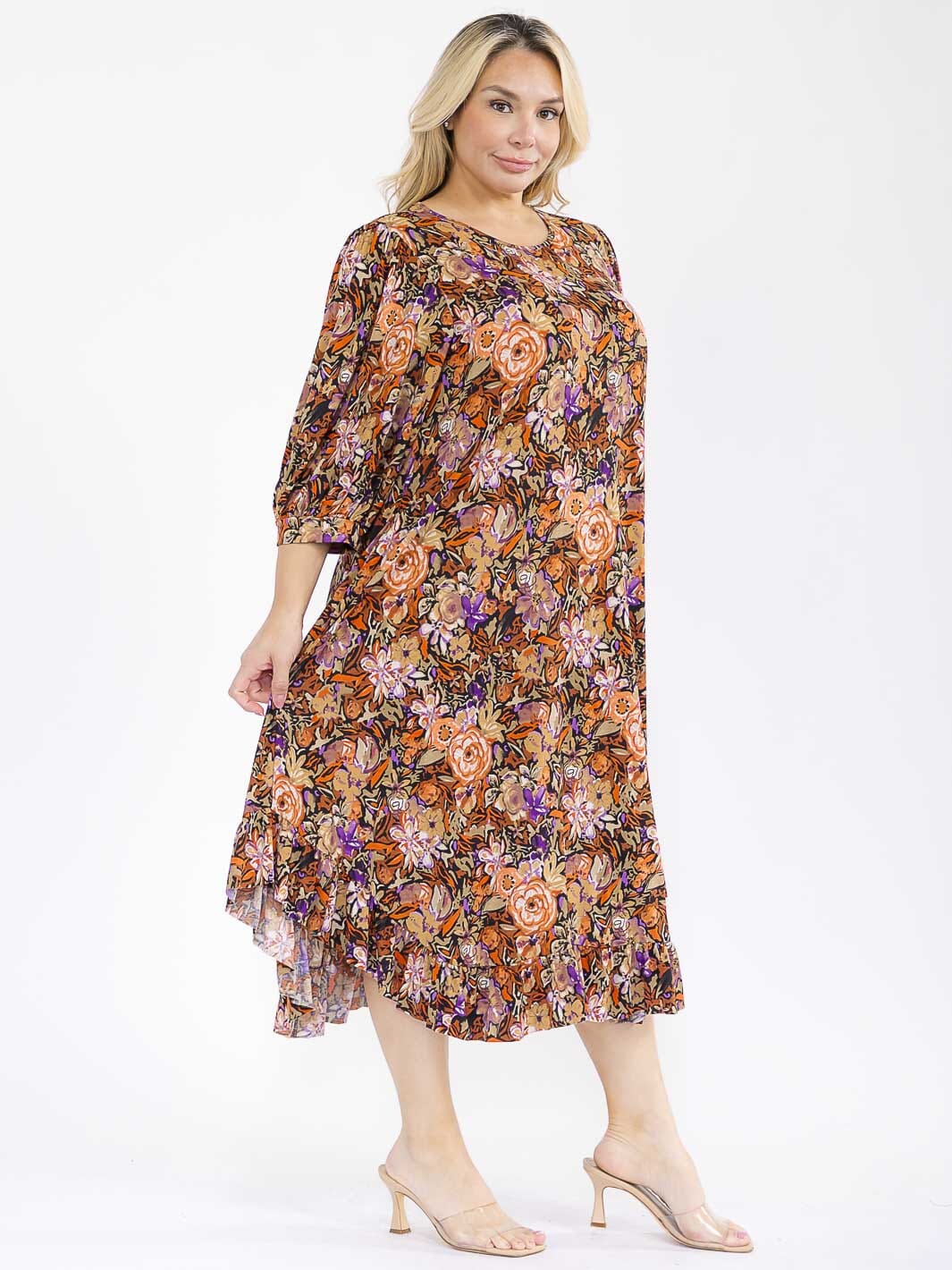 PLUS SIZE 3/4 SLEEVE FRONT POCKETS LOOSE FIT FLORAL MAXI DRESS