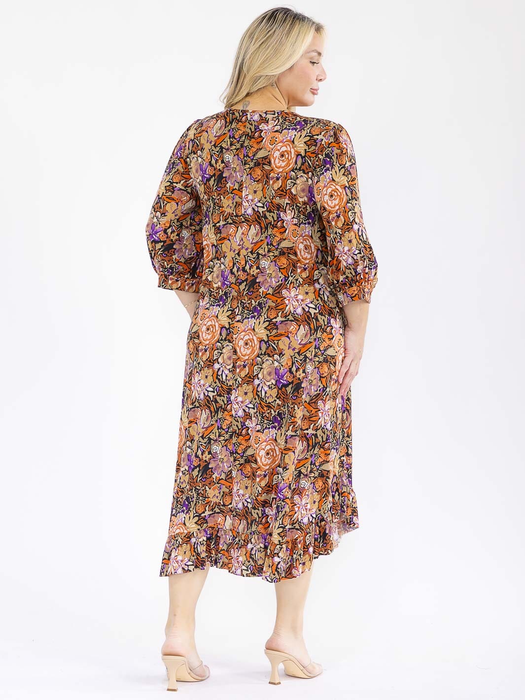 PLUS SIZE 3/4 SLEEVE FRONT POCKETS LOOSE FIT FLORAL MAXI DRESS
