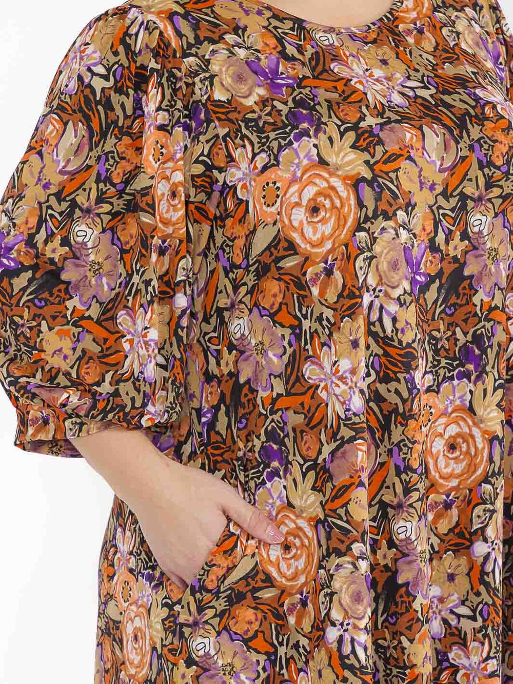 PLUS SIZE 3/4 SLEEVE FRONT POCKETS LOOSE FIT FLORAL MAXI DRESS