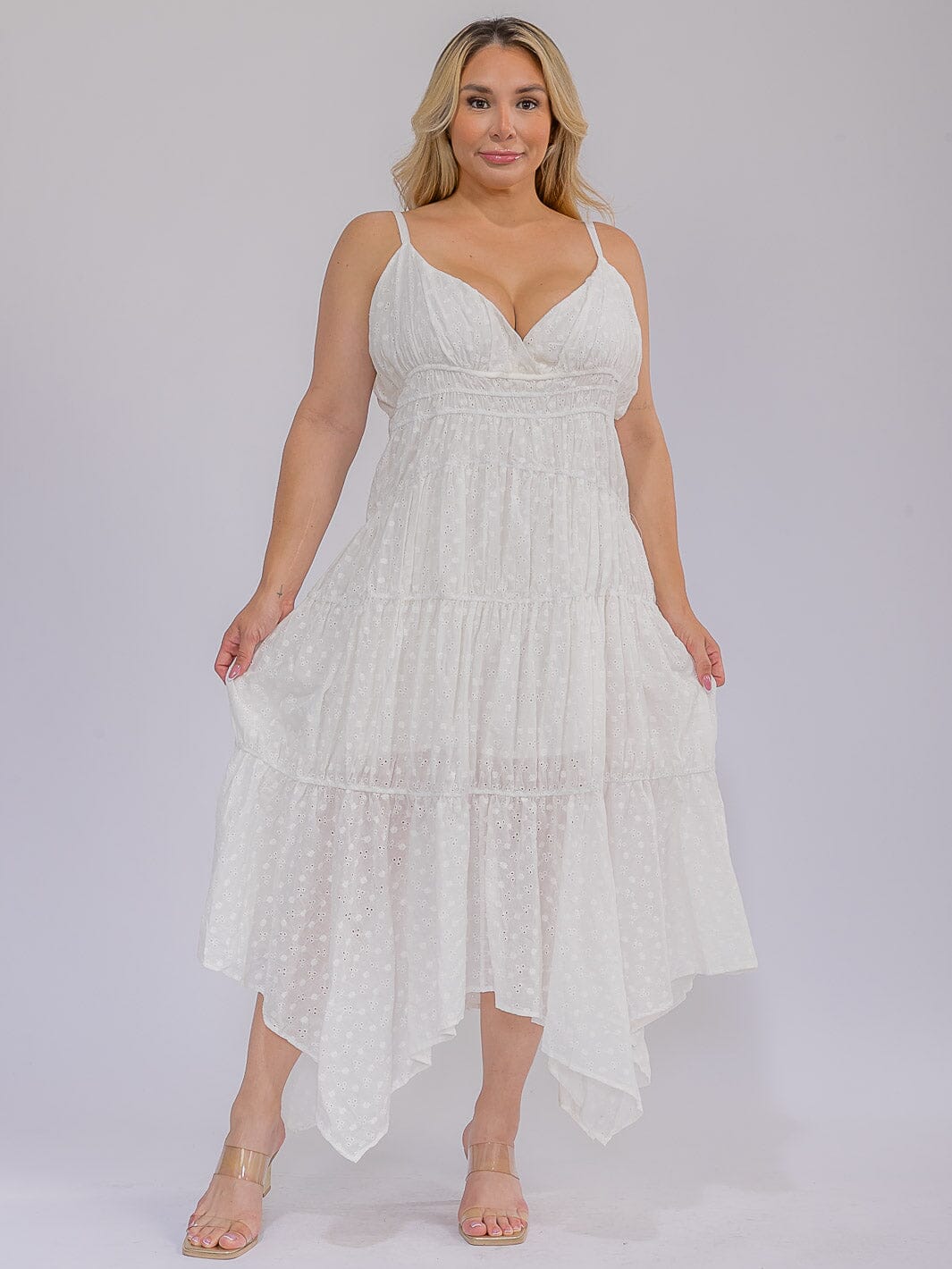 PLUS SIZE SLEEVELESS V-NECK EYELEY TIERED MAXI DRESS