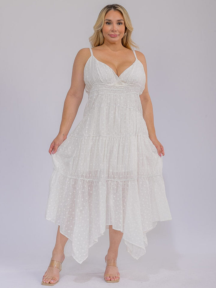 PLUS SIZE SLEEVELESS V-NECK EYELEY TIERED MAXI DRESS