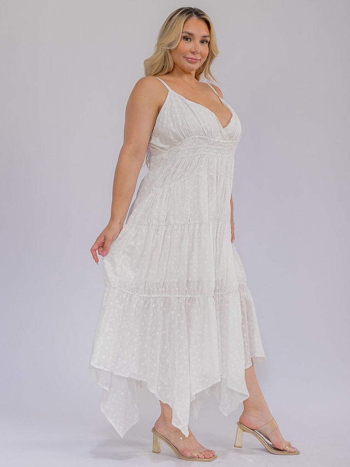 PLUS SIZE SLEEVELESS V-NECK EYELEY TIERED MAXI DRESS