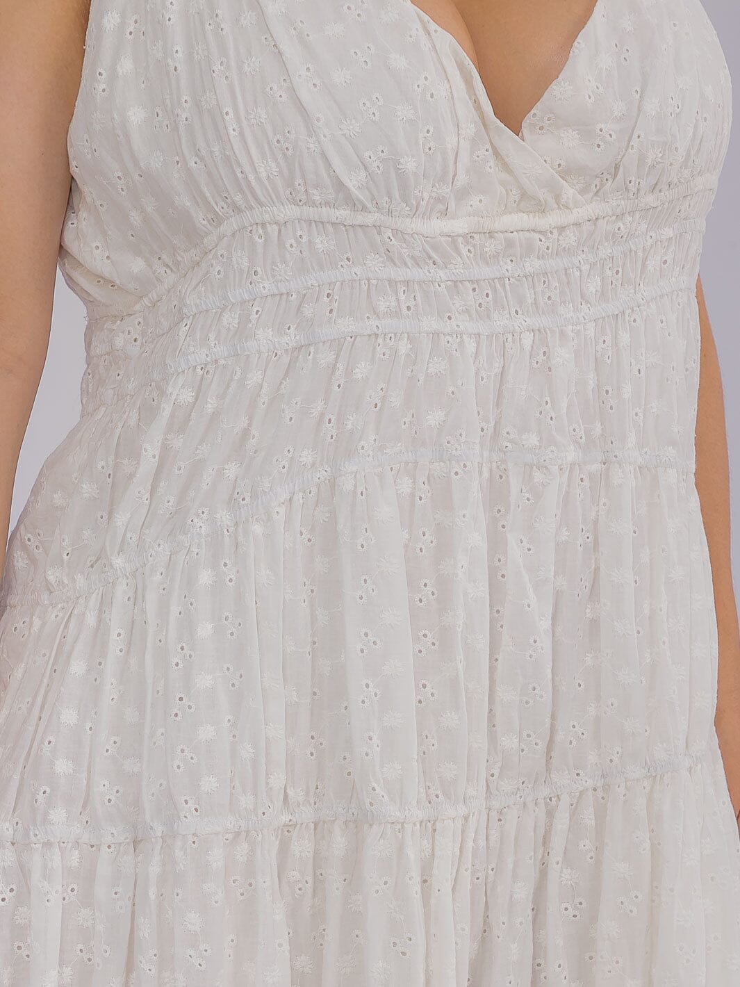 PLUS SIZE SLEEVELESS V-NECK EYELEY TIERED MAXI DRESS