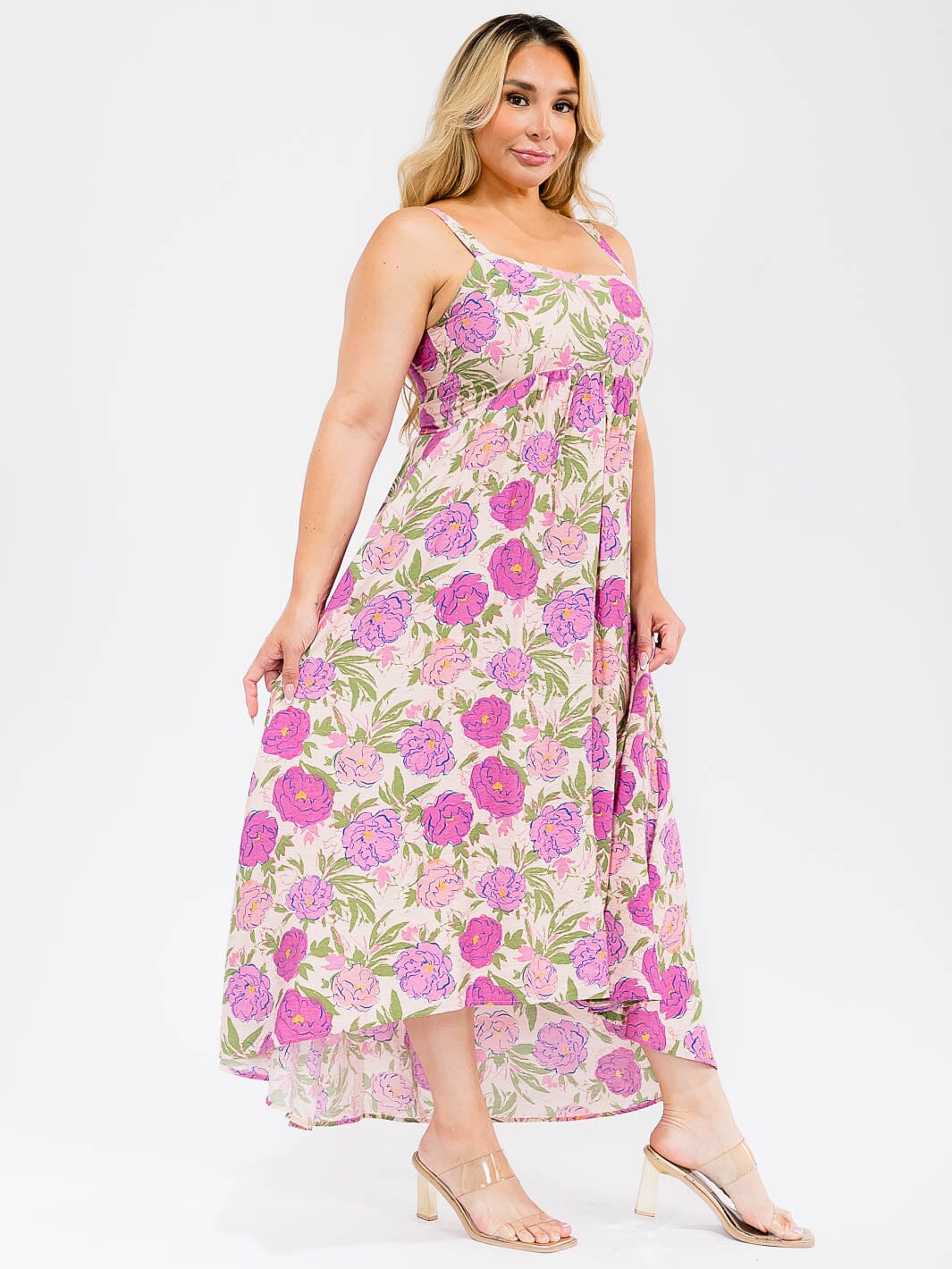 PLUS SIZE SLEEVELESS POCKETS FLORAL TIERED MAXI DRESS