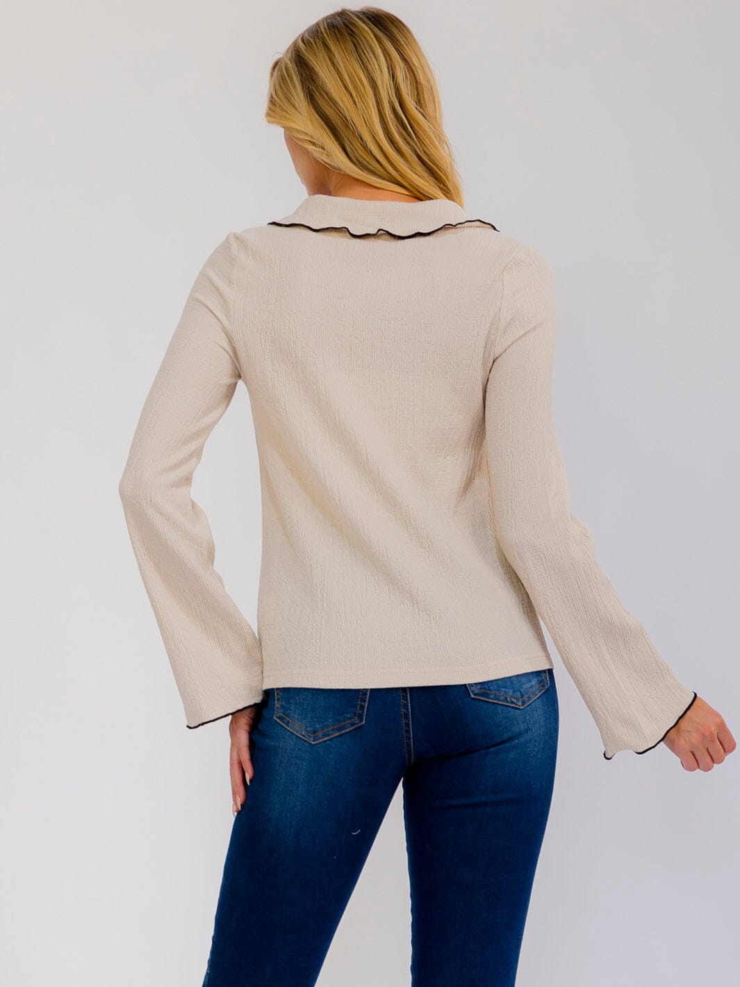 WOMEN'S LONG SLEEVE BUTTON UP TRIM DETAILED COLLAR BLOUSE