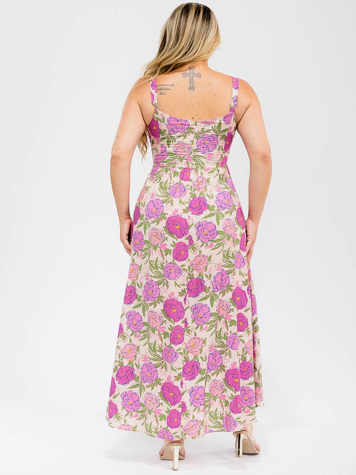 PLUS SIZE SLEEVELESS POCKETS FLORAL TIERED MAXI DRESS