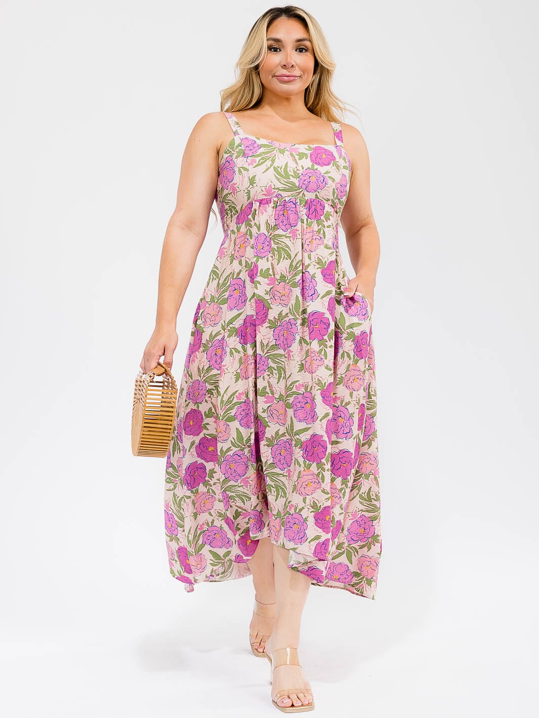 PLUS SIZE SLEEVELESS POCKETS FLORAL TIERED MAXI DRESS
