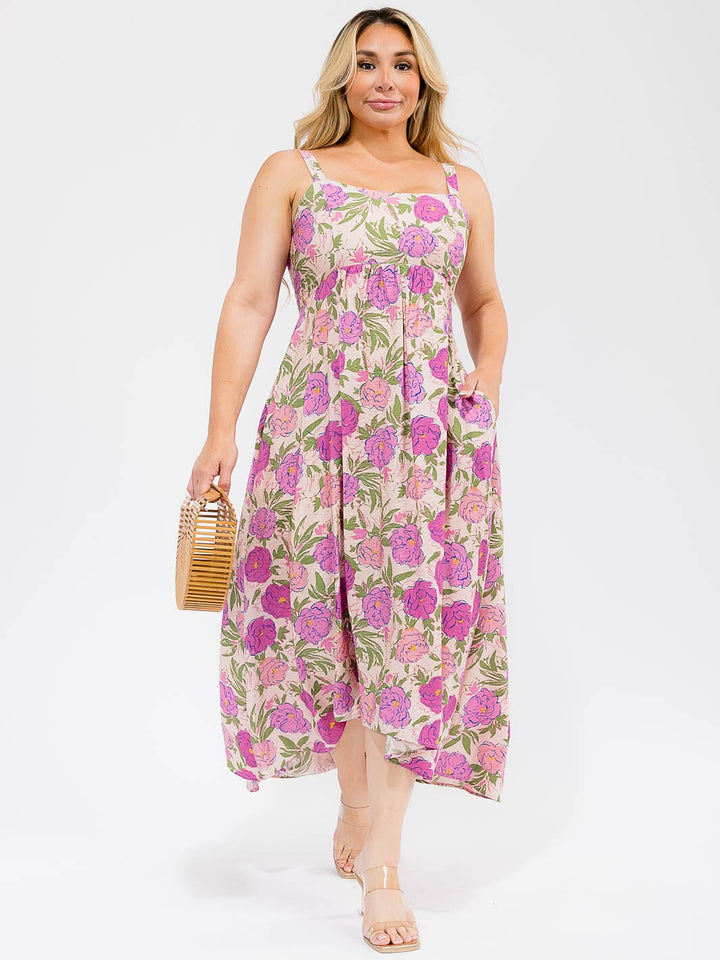 PLUS SIZE SLEEVELESS POCKETS FLORAL TIERED MAXI DRESS