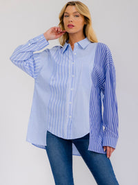 WOMEN'S LONG SLEEVE BUTTON UP FRONT POCKET HIGH-LOW STRIPES SHIRT