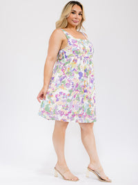 PLUS SIZE SLEEVELESS SQUARE NECK SMOCK FLORAL MINI DRESS