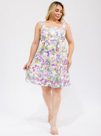 PLUS SIZE SLEEVELESS SQUARE NECK SMOCK FLORAL MINI DRESS
