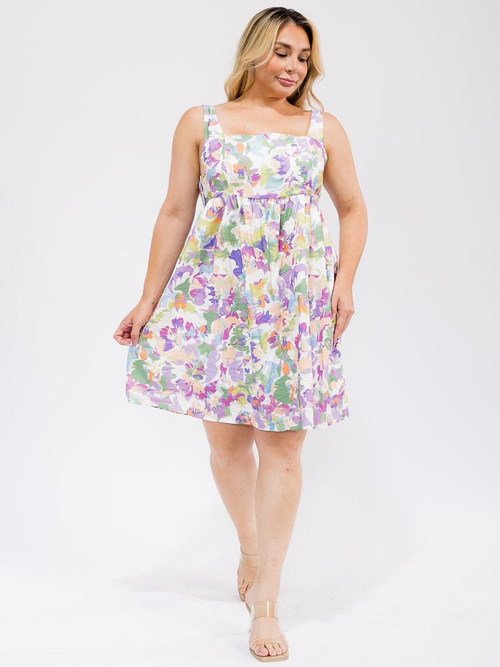 PLUS SIZE SLEEVELESS SQUARE NECK SMOCK FLORAL MINI DRESS