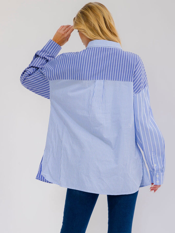 WOMEN'S LONG SLEEVE BUTTON UP FRONT POCKET HIGH-LOW STRIPES SHIRT