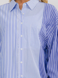 WOMEN'S LONG SLEEVE BUTTON UP FRONT POCKET HIGH-LOW STRIPES SHIRT