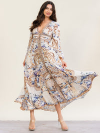 HALFHEART WOMEN'S LONG SLEEVE BUTTON UP V-NECK SMOCK WAIST MULTI PRINT MAXI DRESS