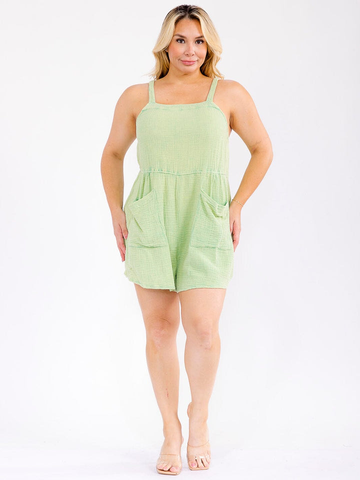 PLUS SIZE SLEEVELESS FRONT POCKETS WASHED ROMPER