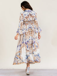 HALFHEART WOMEN'S LONG SLEEVE BUTTON UP V-NECK SMOCK WAIST MULTI PRINT MAXI DRESS
