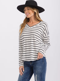 WOMEN'S LONG SLEEVE V-NECK COLORBLOCK STRIPES TOP