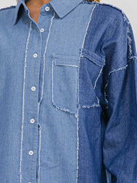 WOMEN'S LONG SLEEVE BUTTON UP FRONT POCKET HIGH-LOW DENIM SHIRT