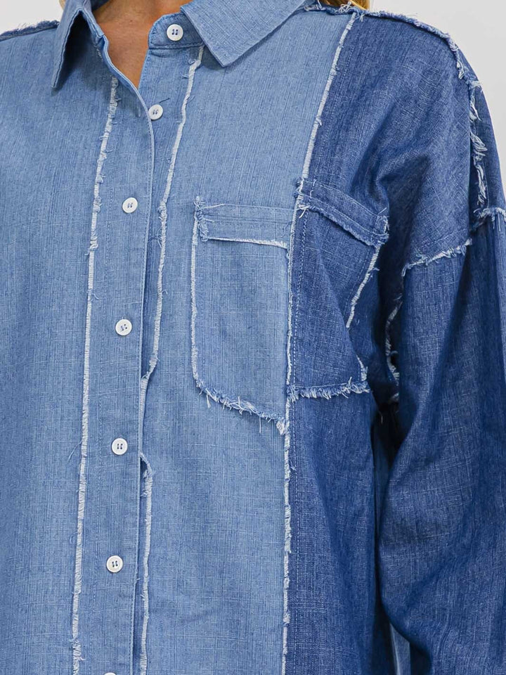WOMEN'S LONG SLEEVE BUTTON UP FRONT POCKET HIGH-LOW DENIM SHIRT
