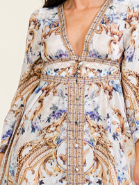 HALFHEART WOMEN'S LONG SLEEVE BUTTON UP V-NECK SMOCK WAIST MULTI PRINT MAXI DRESS