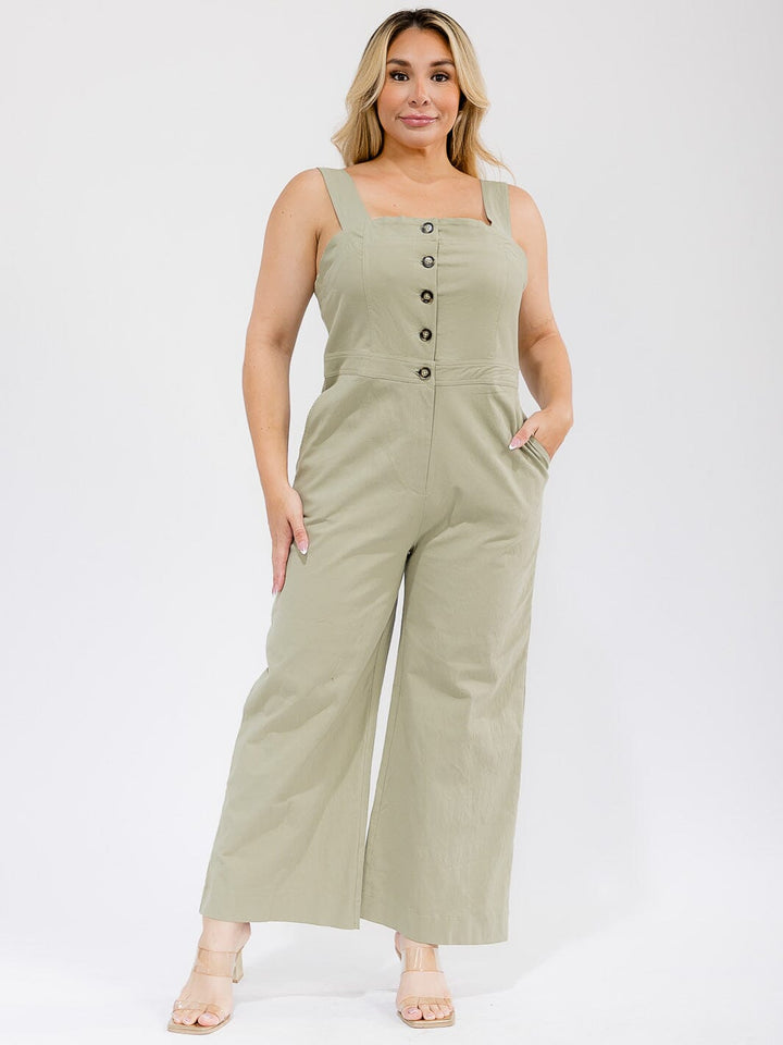 PLUS SIZE SLEEVELESS SQUARE-NECK POCKETS BUTTON UP WIDE LEG STRETCH DENIM JUMPSUIT