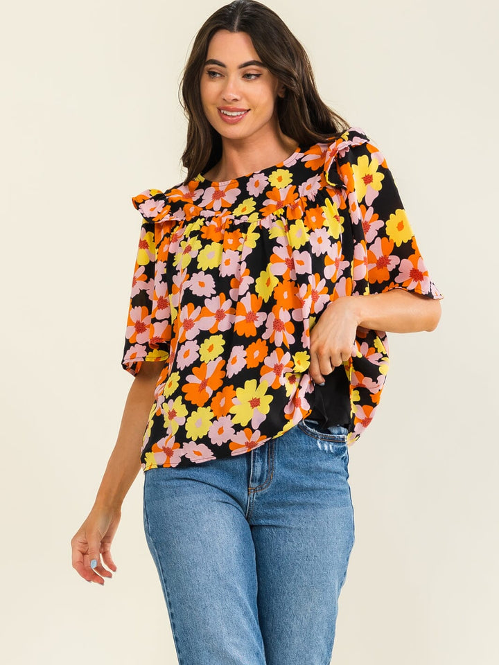 ENTRO WOMEN'S SHORT SLEEVE TUNIC FLORAL PRINT BLOUSE
