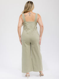 PLUS SIZE SLEEVELESS SQUARE-NECK POCKETS BUTTON UP WIDE LEG STRETCH DENIM JUMPSUIT