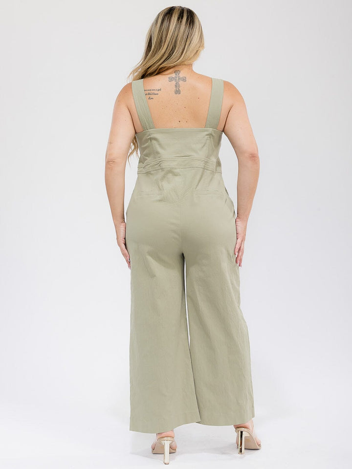 PLUS SIZE SLEEVELESS SQUARE-NECK POCKETS BUTTON UP WIDE LEG STRETCH DENIM JUMPSUIT