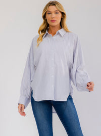 WOMEN'S LONG BALLON SLEEVE BUTTON UP HIGH-LOW STRIPES SHIRT