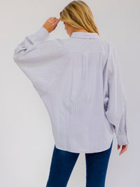 WOMEN'S LONG BALLON SLEEVE BUTTON UP HIGH-LOW STRIPES SHIRT