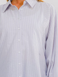 WOMEN'S LONG BALLON SLEEVE BUTTON UP HIGH-LOW STRIPES SHIRT