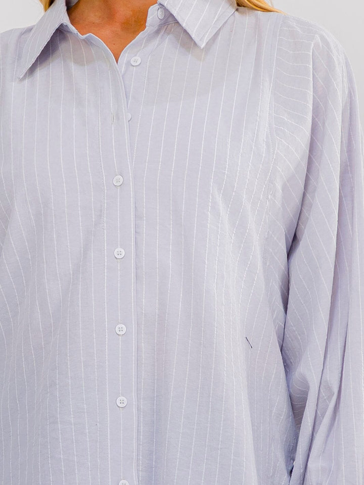 WOMEN'S LONG BALLON SLEEVE BUTTON UP HIGH-LOW STRIPES SHIRT
