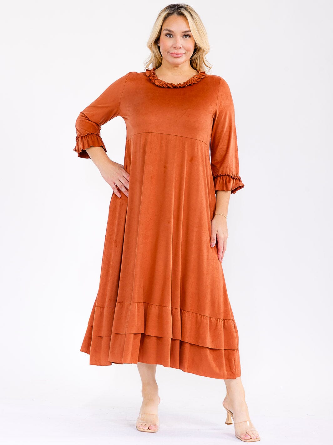 PLUS SIZE 3/4 SLEEVE FRONT POCKETS RUFFLE BOTTOM HEM LOOSE FIT MAXI DRESS