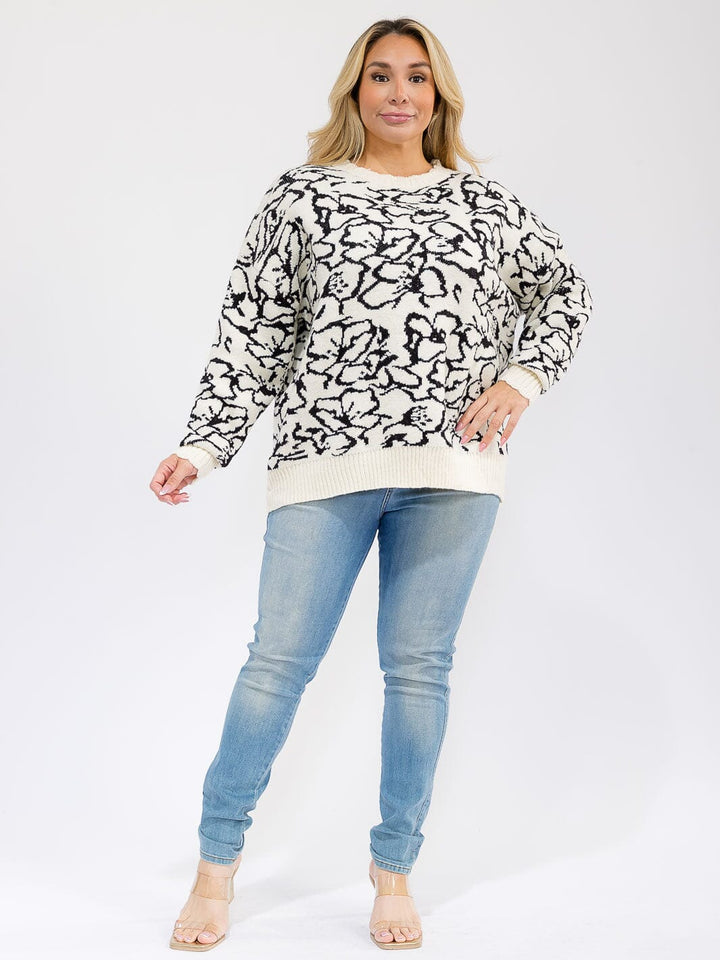 PLUS SIZE LONG SLEEVE FLOWER PRINT PULLOVER KNIT SWEATER