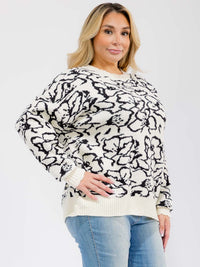 PLUS SIZE LONG SLEEVE FLOWER PRINT PULLOVER KNIT SWEATER