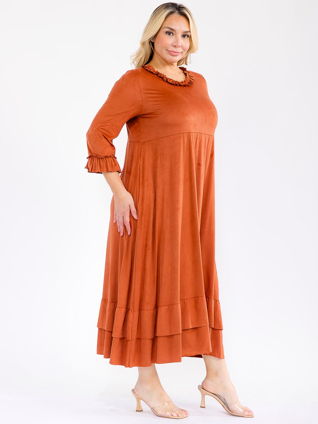 PLUS SIZE 3/4 SLEEVE FRONT POCKETS RUFFLE BOTTOM HEM LOOSE FIT MAXI DRESS