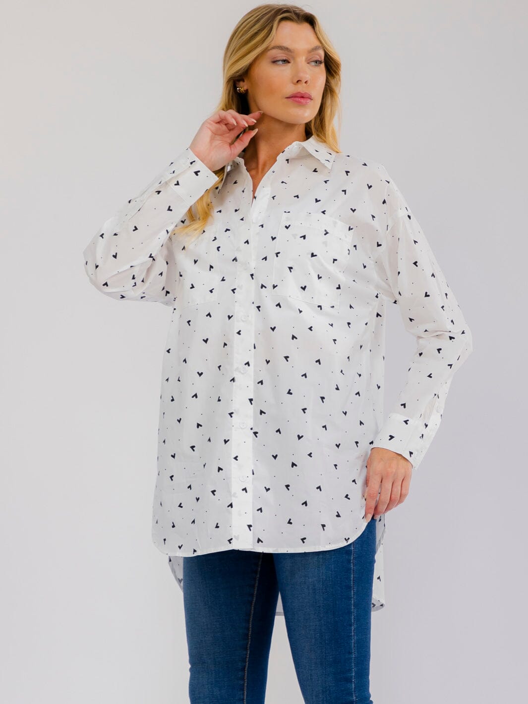 WOMEN'S LONG SLEEVE BUTTON UP FRONT POCKETS PRINT HIGH-LOW TOP