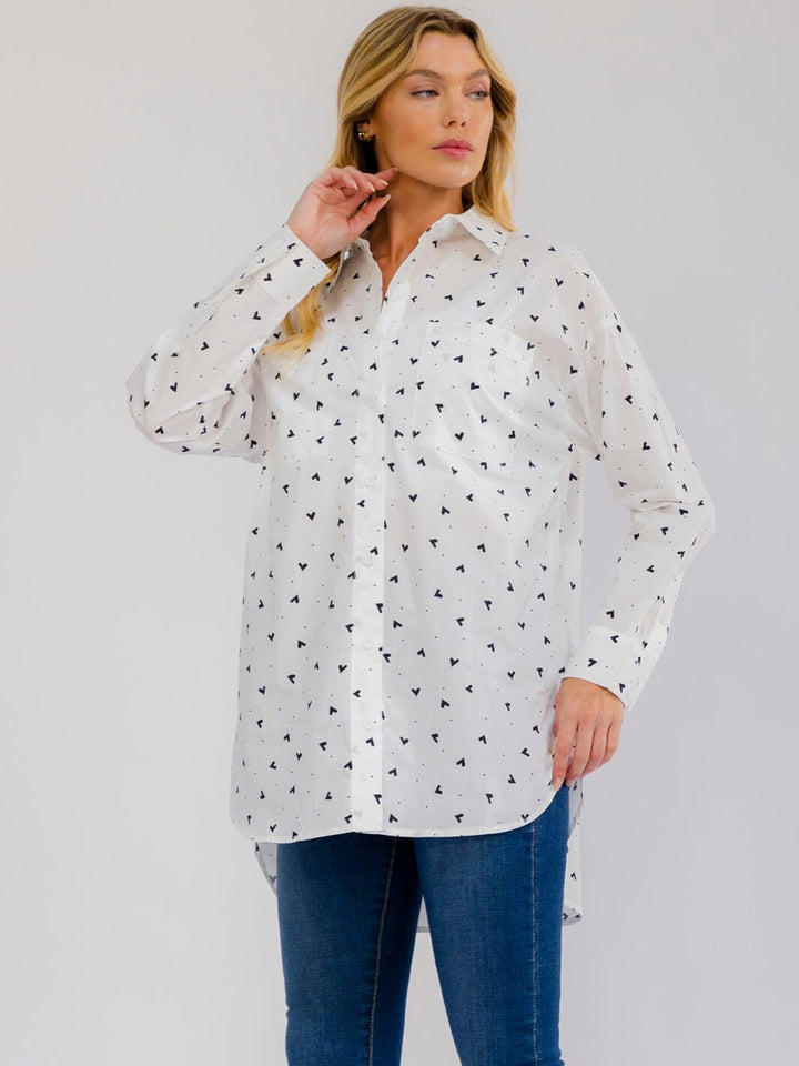 WOMEN'S LONG SLEEVE BUTTON UP FRONT POCKETS PRINT HIGH-LOW TOP